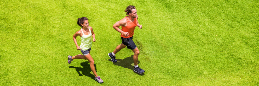 Runners Running People Couple Fitness Banner. Healthy Active Lifestyle. Active Couple Jogging Together On Grass Park View From Above. Summer Weight Loss Training Program.