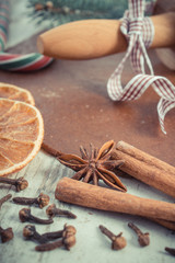 Vintage photo, Dough for cookies, spice and ingredient for baking gingerbread, Christmas time concept