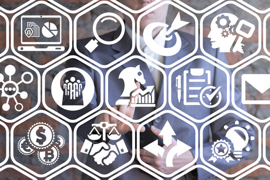 Success Strategy Business Growth Solution Strategic Plan concept. Successful young businessman using virtual touchscreen pressing horse chess figure with chart button.