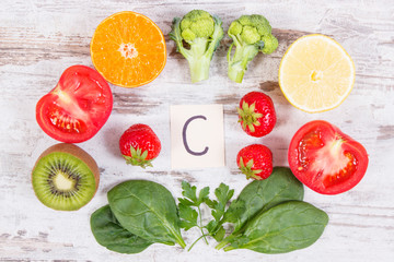 Fruits and vegetables as sources vitamin C, dietary fiber and minerals, strengthening immunity...