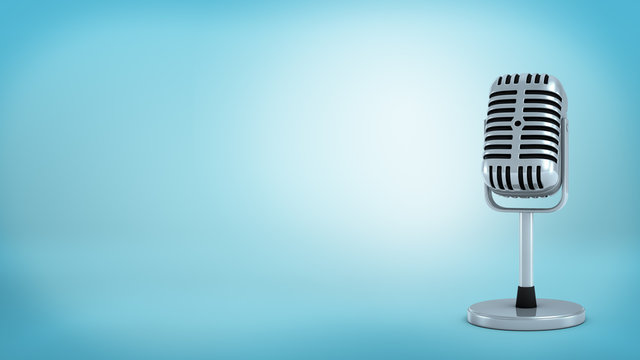 3d rendering of a single silver retro microphone placed on a short support stand on blue background.