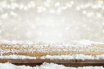 Image of old wooden table in front of glitter lights background. De-focused. Ready for product...