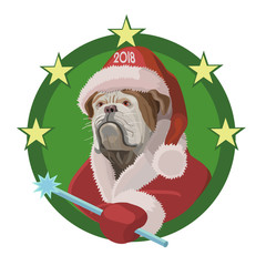 Dog bulldog with new year 2018/ Dog Bulldog happy new year to 2018, he's in red cap of Santa Claus with a magic wand desires, will bring joy and happiness!