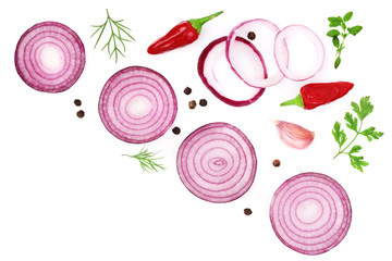 onions, garlic, hot pepper and spices isolated on white background. Top view
