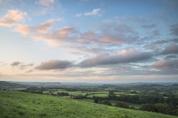 Beautiful dawn landscape over Somerset Levels in English countryside
