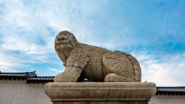 Haetae Statue in the Gyeongbokgung Palace,Seoul, South Korea. Time lapse