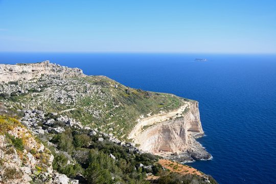 Elevated view of the Dingli cliffs and sea, Dingli, Malta.