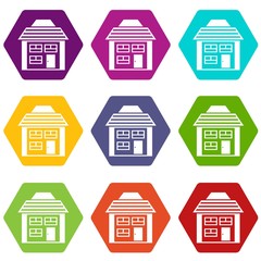 Two-storey house with sloping roof icon set color hexahedron