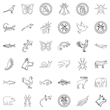 Fauna icons set, outline style