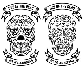 Day of the dead. Dia de los muertos. Set of the sugar skulls. Design elements for poster, greeting card, banner. Vector illustration