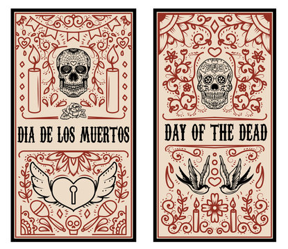 Set of Dead day banner template. Sugar skulls. Design elements for poster, flyer, banner. Vector illustration