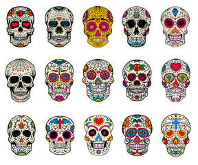 Set van suiker schedels illustraties. Dode dag. Dia de los muertos.