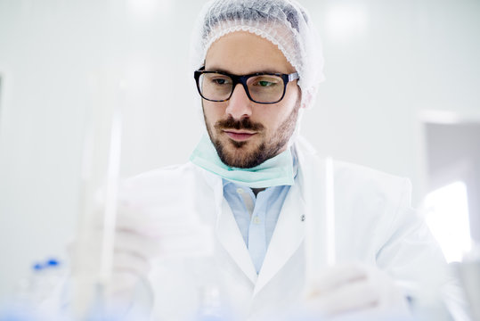 Young bearded scientist with hair protection looking at the tube in the laboratory.