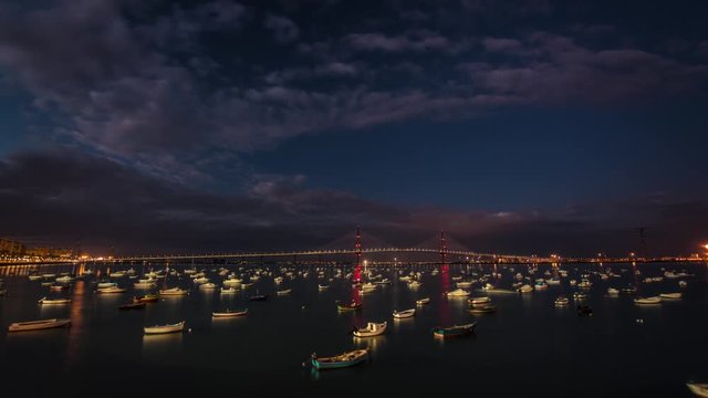 Timelapse Cadiz bridge at night time