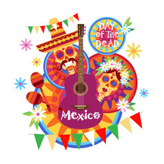 Skull Day Of Dead Concept Traditional Mexican Halloween Dia De Los Muertos Holiday Party Decoration Banner Invitation Flat Vector Illustration