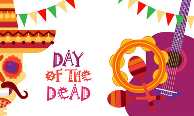 Skull Day Of Dead Concept Traditional Mexican Halloween Dia De Los Muertos Holiday Party Decoration Banner Invitation Flat Vector Illustration