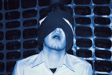 blindfolded man, halloween nightmare tortured person