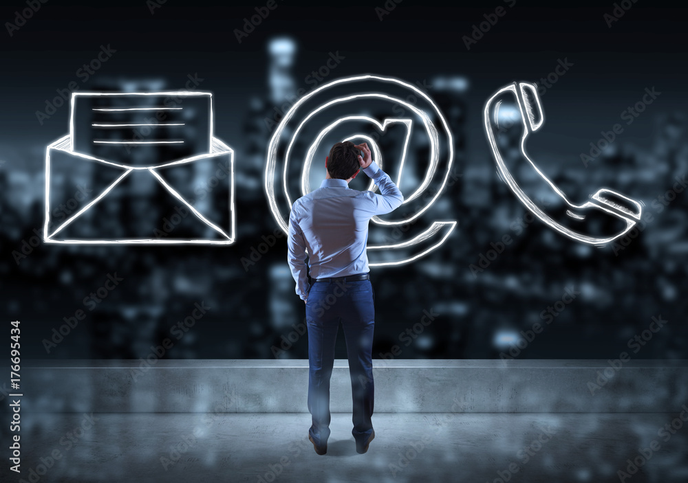 Poster businessman watching e-mail sketch on a rooftop 3d rendering