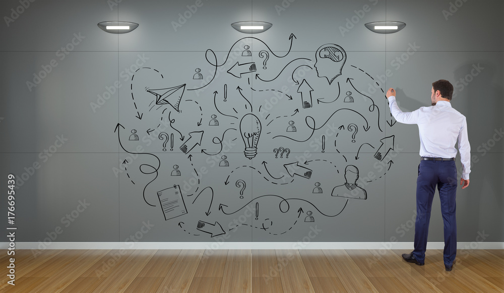 Poster businessman drawing a project sketch on a wall 3d rendering