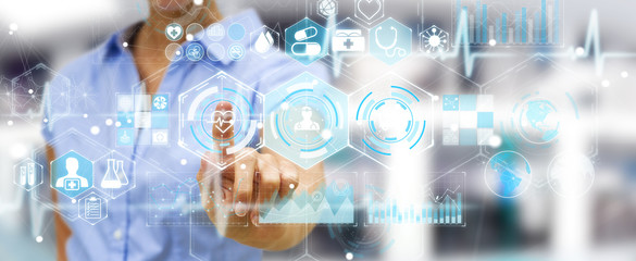 Businesswoman using digital medical interface 3D rendering