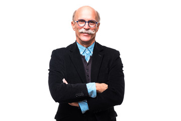 Portrait of serious senior man is posing with crossed hands isolated on white background.