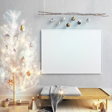 Modern Christmas interior of Scandinavian style with shining lights Christmas tree. 3D illustration. poster mock up