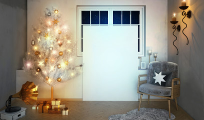 Retro interior with phonograph and shining Christmas tree. 3D illustration. poster mock up