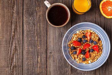 Delicious breakfast on a rustic table.