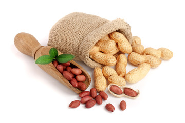 peanuts with leaf in bag isolated on white background