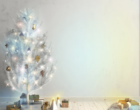 Modern Christmas interior of Scandinavian style with shining lights Christmas tree. 3D illustration. wall mock up