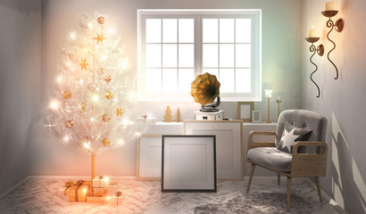 Retro interior with phonograph and shining Christmas tree. 3D illustration. poster mock up