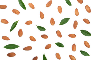 almonds with leaves isolated on white background. Flat lay pattern