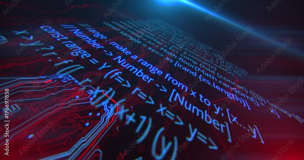 Poster code processing. digital techonlogy red and blue background. motherboard.