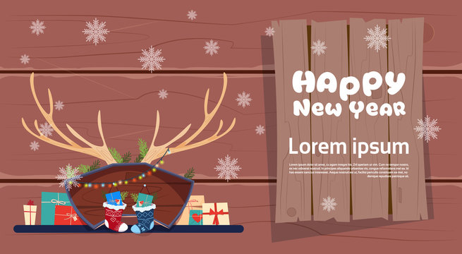 Merry Christmas And Happy New Year Greeting Card Winter Holiday Concept Banner Flat Vector Illustration