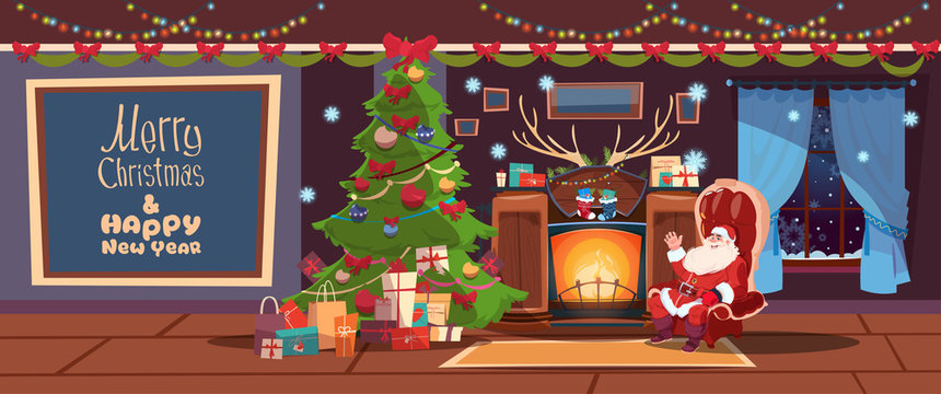Merry Christmas And Happy New Year Greeting Card Santa Sitting Near Fireplace Winter Holiday Concept Banner Flat Vector Illustration