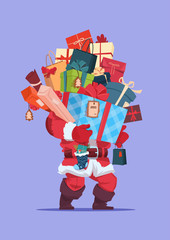 Merry Christmas And Happy New Year Greeting Card Santa Holding Present Stack Winter Holidays Concept Banner Flat Vector Illustration