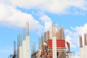 construction workers site and building of housing at laborer work outdoor. which has sky background with copy space add text