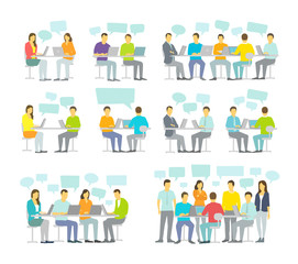 Office team business people big set discussing meeting sit desk working. Brainstorming talking.