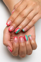 French red, pink, mint, green manicure with crystals on long square nails