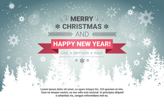 Merry Christmas And Happy New Year Concept Winter Holidays Greeting Card Over Transparent Forest Background Flat Vector Illustration