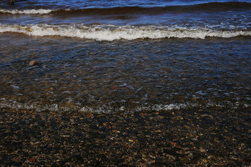 Waves near stony shore close up