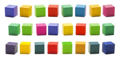 Color Wood Blocks Toys, Blank Multicolored Wooden Cube Bricks, Isolated over White Background with...