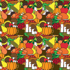 Fototapeta premium Happy Thanksgiving Day Seamless Pattern With Turkey And Harvest Vegetables Autumn Traditional Holiday Ornament Vector Illustration