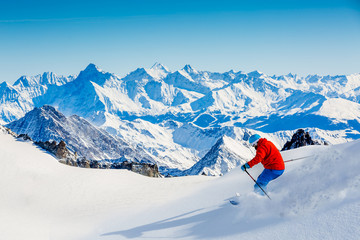 Skiing Vallee Blanche Chamonix with amazing panorama of Grandes Jorasses and Dent du Geant from Aiguille du Midi, Mont Blanc mountain, Haute-Savoie, France - obrazy, fototapety, plakaty