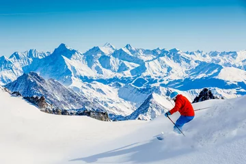 Papier Peint photo autocollant Mont Blanc Skiing Vallee Blanche Chamonix with amazing panorama of Grandes Jorasses and Dent du Geant from Aiguille du Midi, Mont Blanc mountain, Haute-Savoie, France