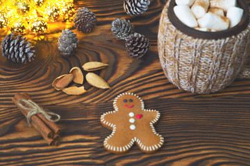 Cup of drink with marshmallow and tasty gingerbread cookie on Christmas lights and pines background