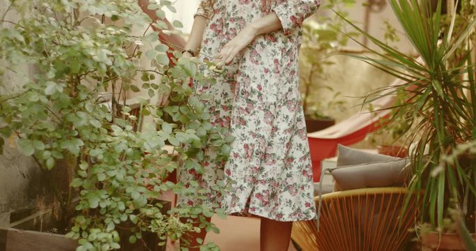 Young woman in floral dress with long hair taking care of a backyard garden