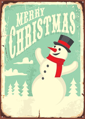 Vintage Christmas sign with snowman and winter landscape. Merry Christmas retro card design. © lukeruk