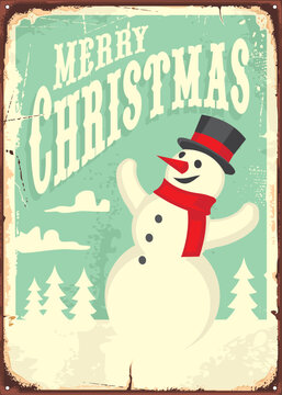 Vintage Christmas sign with snowman and winter landscape. Merry Christmas retro card design.