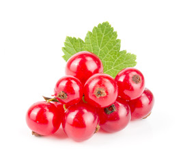 Red currant berries with leaf isolated on white background